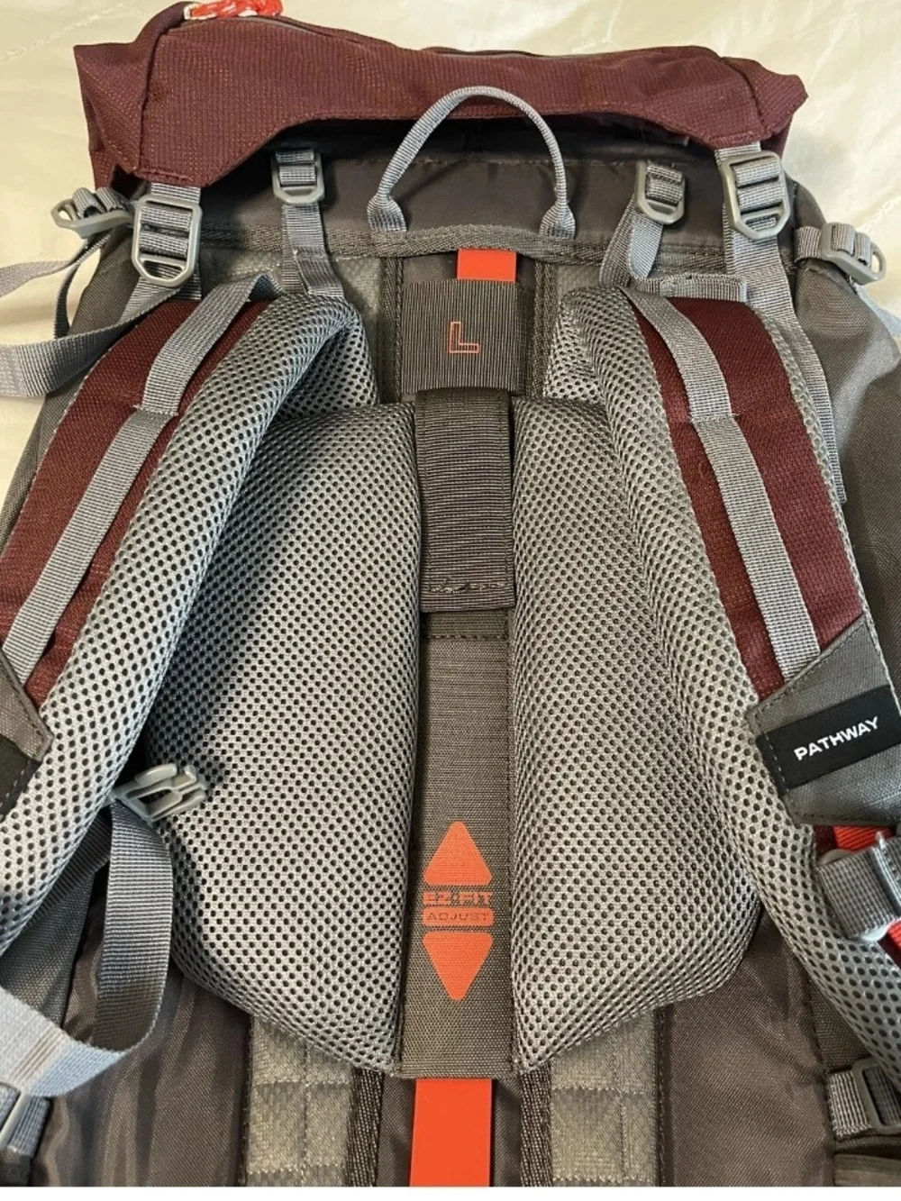 Men's Burgundy Hiking Backpack with Gray Straps and Red Accents